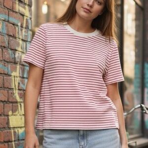 Free People Pink & White Striped Crewneck Tee